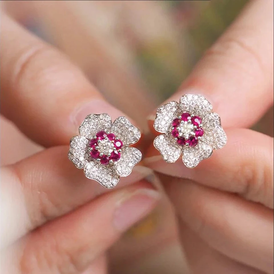 ZAKOL Bling CZ Flower Stud Earrings AAA Cubic Zirconia Estetyczne damskie akcesoria do uszu Jasnoczerwone kolczyki Modna biżuteria Prezent