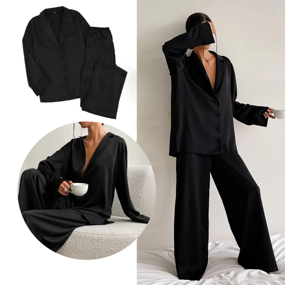 

Loose Pure Color Long Sleeves Ice Silk Set Comfortable Home Wear Pregnant Woman Satin Silk Sleepwear Low Cut Sexy Pajamas