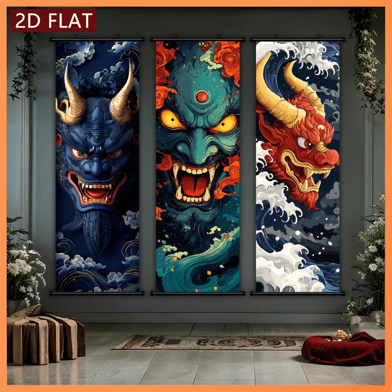 VIKAMA Ukiyo e Demon Scroll Tapestry Traditional Japanese Hannya Monster Vertical Wall Hanging Home Decor Wall Backdrop