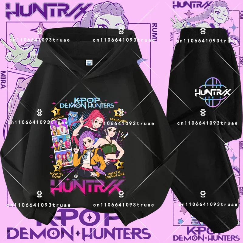 2026 KPop شيطان الصيادين الاطفال هوديي مجموعة الفتيان في سن المراهقة الفتيات هودي بلوزات مع السراويل رياضية ملابس الخريف للأطفال 2 قطعة