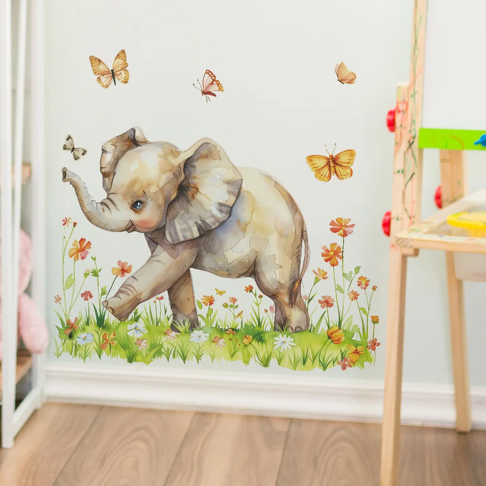 Cartoon Watercolor Elephant Wall Stickers For Kids Room Decoration Mural Baby Bedroom Beautify Home Decor Self-adhesive Decals