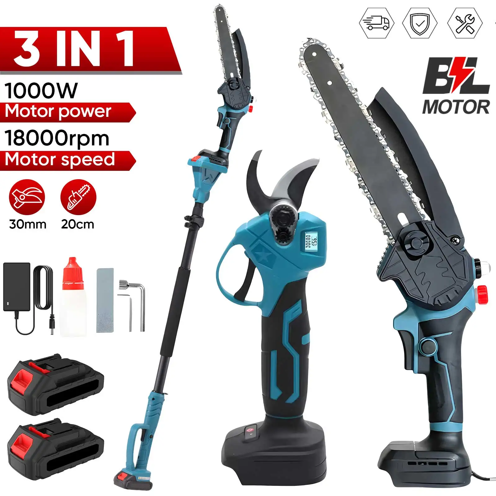 Tronçonneuse électrique à poteau télescopique sans balais de 8 pouces, 1000W, 18000 tr/min, ciseaux à branches hautes, outil électrique de jardinage pour batterie 21V