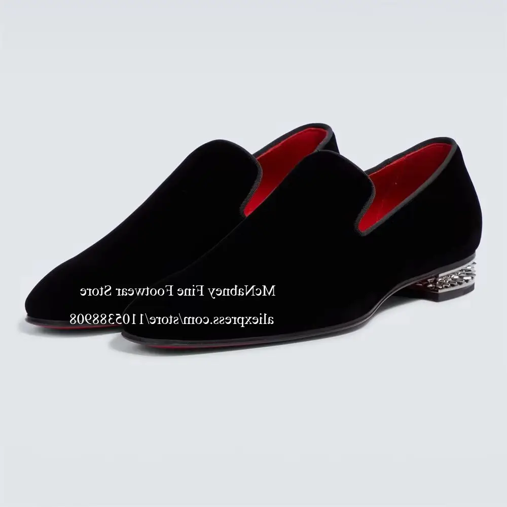 Luxury Men Glossy Studded Metal Block Heel Loafers Leather Red Lining Slip on Weddings Business Formal Gentlemen Dress Shoes