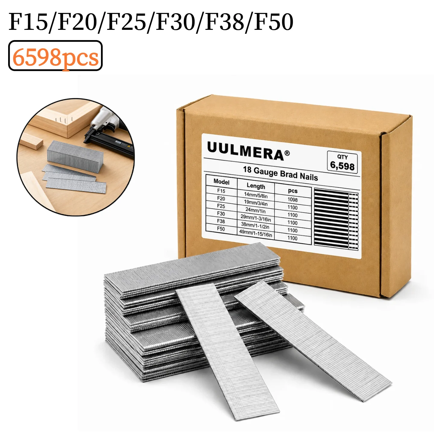 6598PCS 18 Gauge Brad Nails,6 Sizes : F15/F20/F25/F30/F38/F50 Galvanized Nail Gun Nails for Pneumatic, Electric Brad Nailer Gun