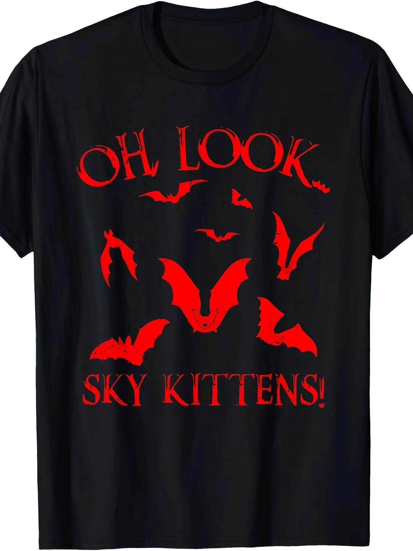 Funny Bat Lover Gothic Horror T-Shirt for Men & Women - Oh Look Sky Kittens! Slogan with Red Bat Silhouettes - 100% Relaxed Fit Short Sleeve Round Neck Tee - Unisex Casual Wear & Halloween Part.jpgSame Style for Men and Women 2025 Summer Short