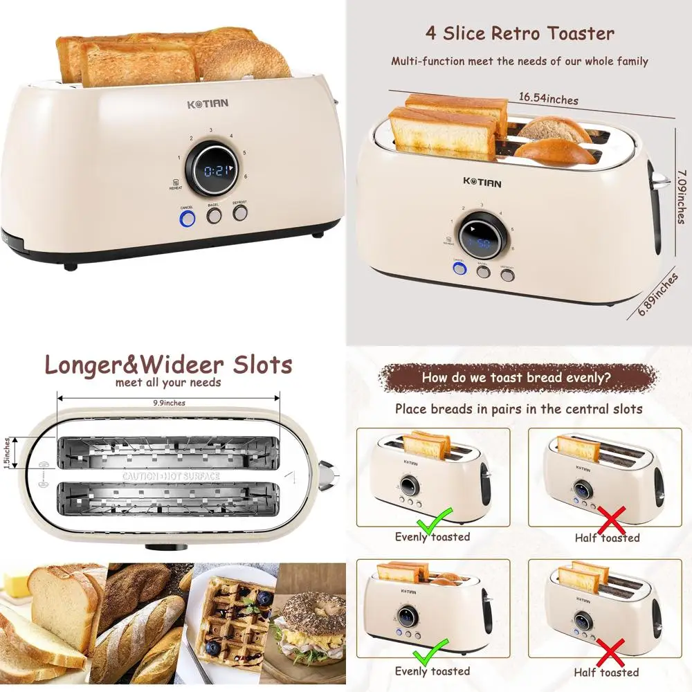 

4-Slice Retro Style Toaster with Stainless Steel, Countdown Timer, Bagel, Defrost, Reheat, Cancel, Wide Slots, 6 Settings, Remov