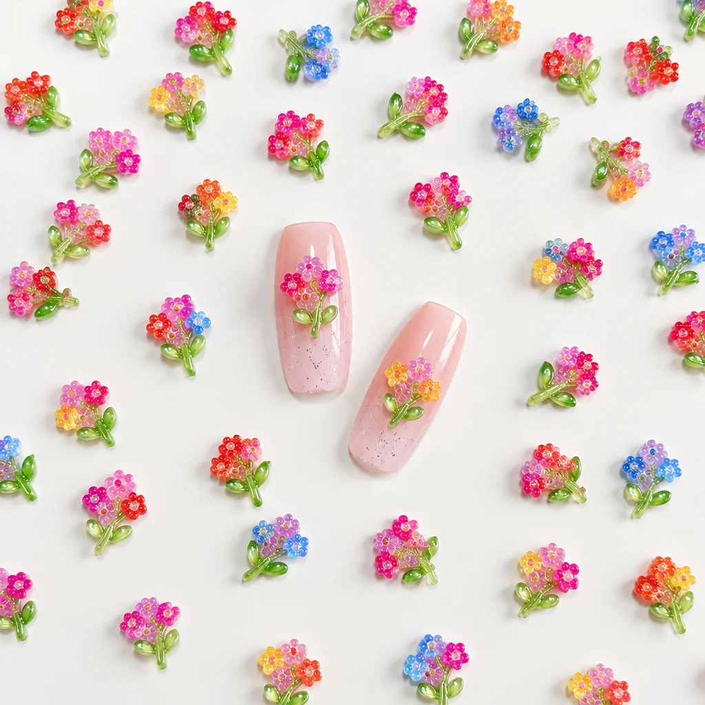 50pcs Blue Bouquet Spring Nail Art Charms Ins Colorful Five-petaled Flower Resin Nail Decorations Fresh Clusters Manicure Parts