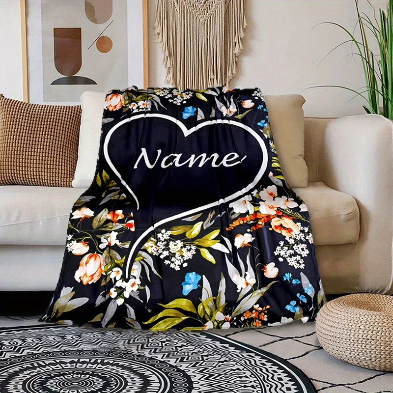 Custom name heart-shaped flannel blanket, suitable for sofa, bed, birthdays, children, friends, couples, gifts