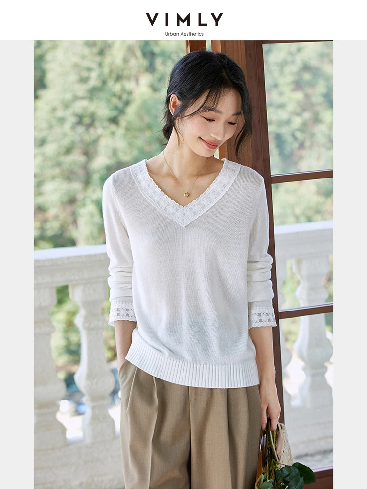 

VIMLY Lace V-neck Knitted Sweater Women's Knitwear Spring Autumn 2025 Loose Jumper Ladies Simple Basics Top Female Clothes 73922