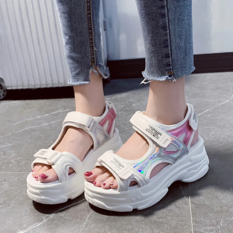 Multicolored Sandals 2024 Summer Female Shoe Bling Bling Clogs With Heel Muffins shoe Sports Girls Bright New Low Thick Gladiato