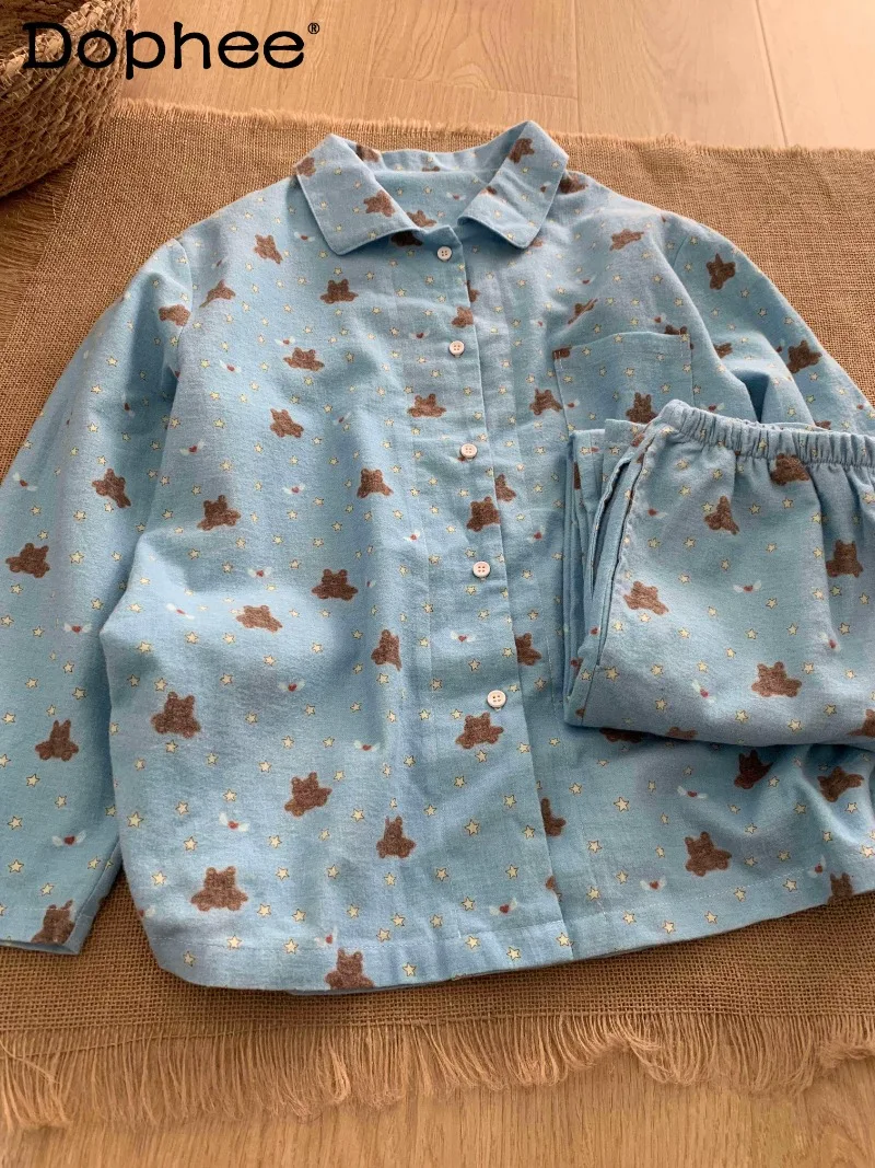 

Милые милые женские пижамы с отложным воротником и длинными рукавами с принтом медведя, весенне-осенняя новая повседневная домашняя одежда, комплект из двух предметов