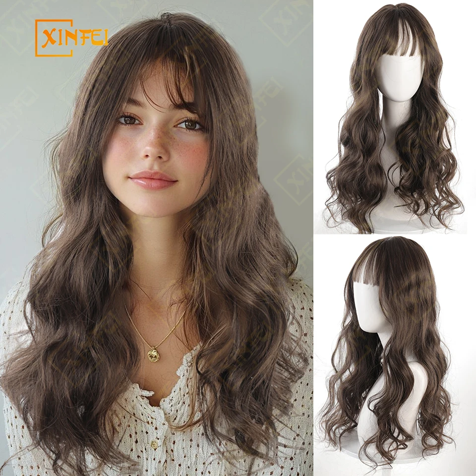 

XINFEI Long Curly Hair Wig With Bangs Replacement Block Synthetic Dark Light Brown Black Wavy Hair Cover White Hair Extension