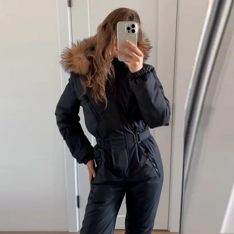 Ski-Overall mit Kunstfellkragen, tailliert, für Damen, sportlich, mit Kapuze, Laternenärmeln, Reißverschlüssen, schmal geschnitten, Winter-Skibekleidung für Damen – Detail 5