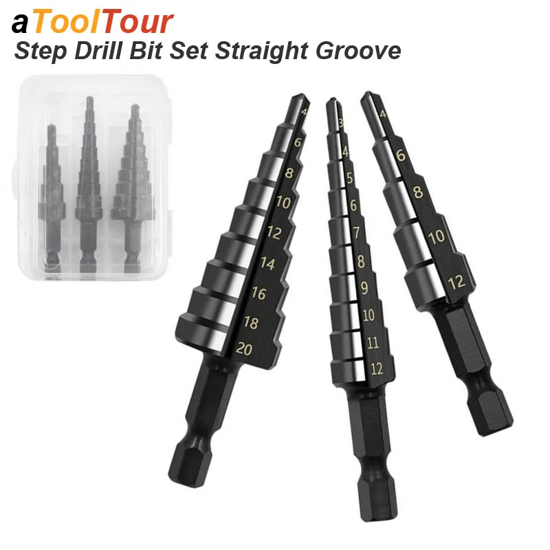 

3-12MM HSS Step Drill Bit Set Nitrogen Coated Straight Groove High Speed Steel Stepped Up Cone Conical Hex Shank Hole Cutter