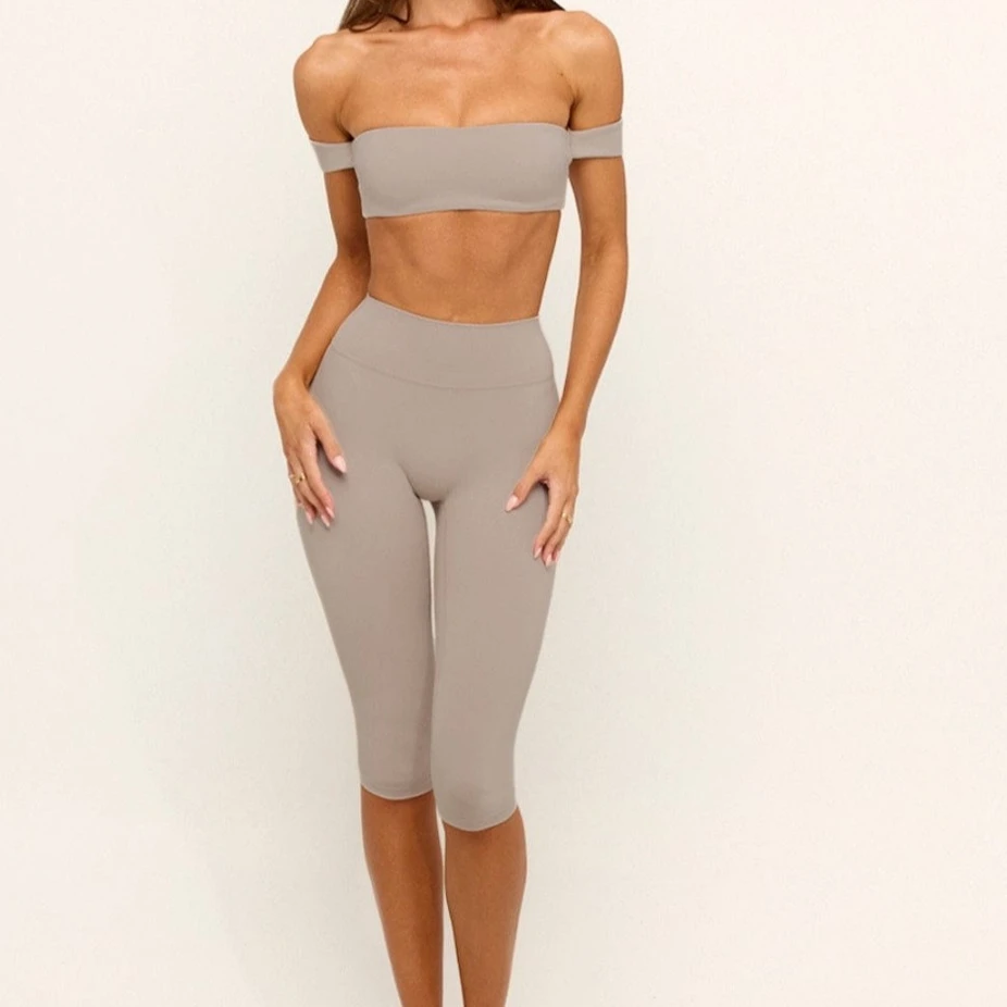 C*B Women Off Shoulder Arm Sleeve Sports Bra High Waist 7/8 Capri Leggings Naked Feeling Yoga Pilates Matching Outfit