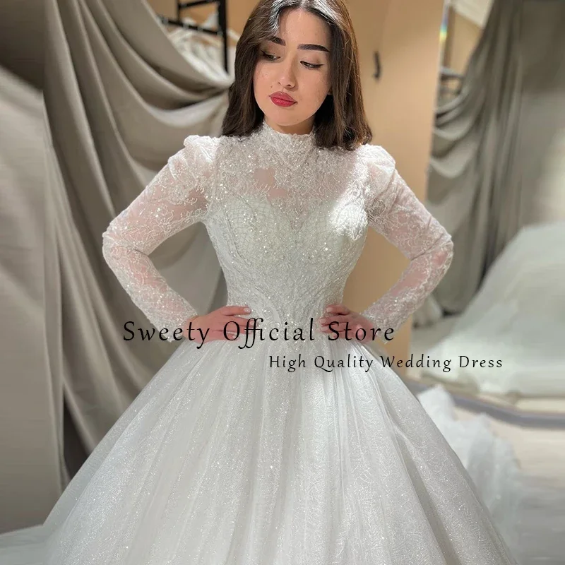 Abito da sposa di lusso con perline con ricamo in pizzo con paillettes Abito da ballo a maniche lunghe con collo alto Abito da sposa Robe De Mariee