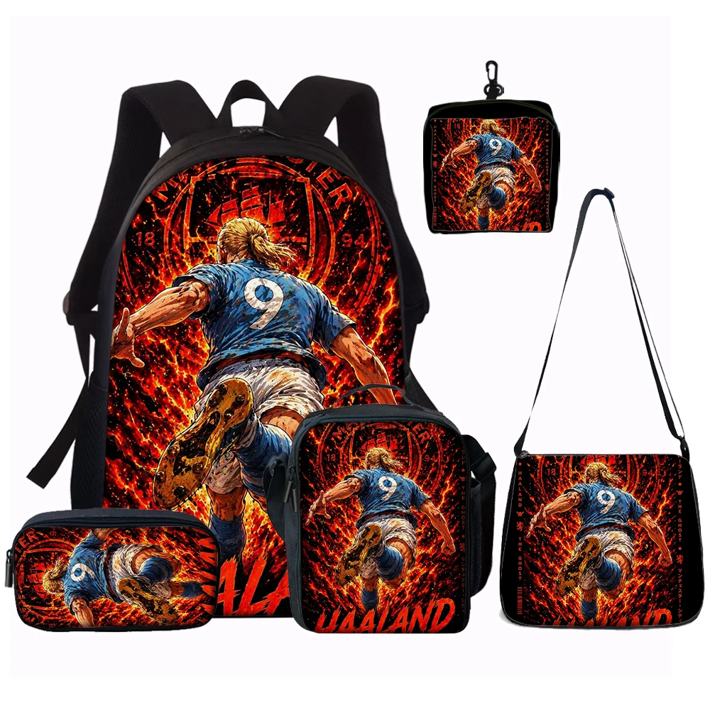 1/2/3/4/5-teiliges Fußballstar-Muster-Rucksack-Set – Lässiger Rucksack mit großem Fassungsvermögen und passender Clutch- und Tragetasche, perfekt für den Alltag