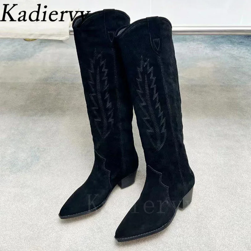 Suede Leather Embroidery Western Cowboy Boots Women Pointed Toe Slip-On Long Boots Women Square Heels Knee-High Boots Woman