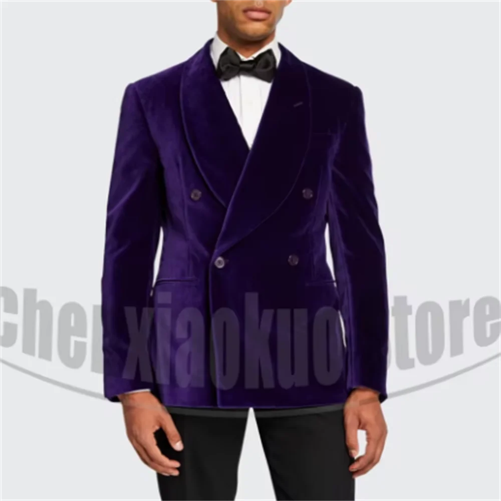 

Men's Black Velvet Suit Double Breasted 2-Piece Slim Fit Suit Business Wedding Party Men Tuxedos Shawl Lapel Jacket & Trousers