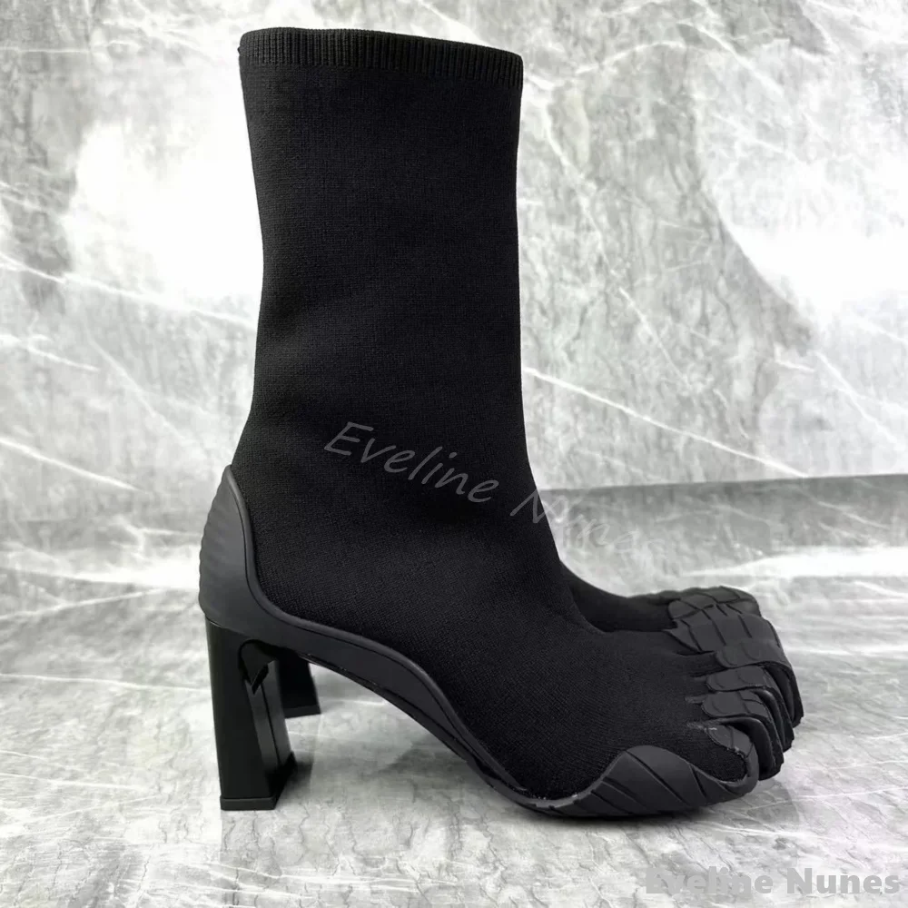 Rose Red Five Finger Elastic Boots Women Black Leather Split Toe Square Heel Modern Side Zipper Mixed Color Mid Calf Sexy Boots