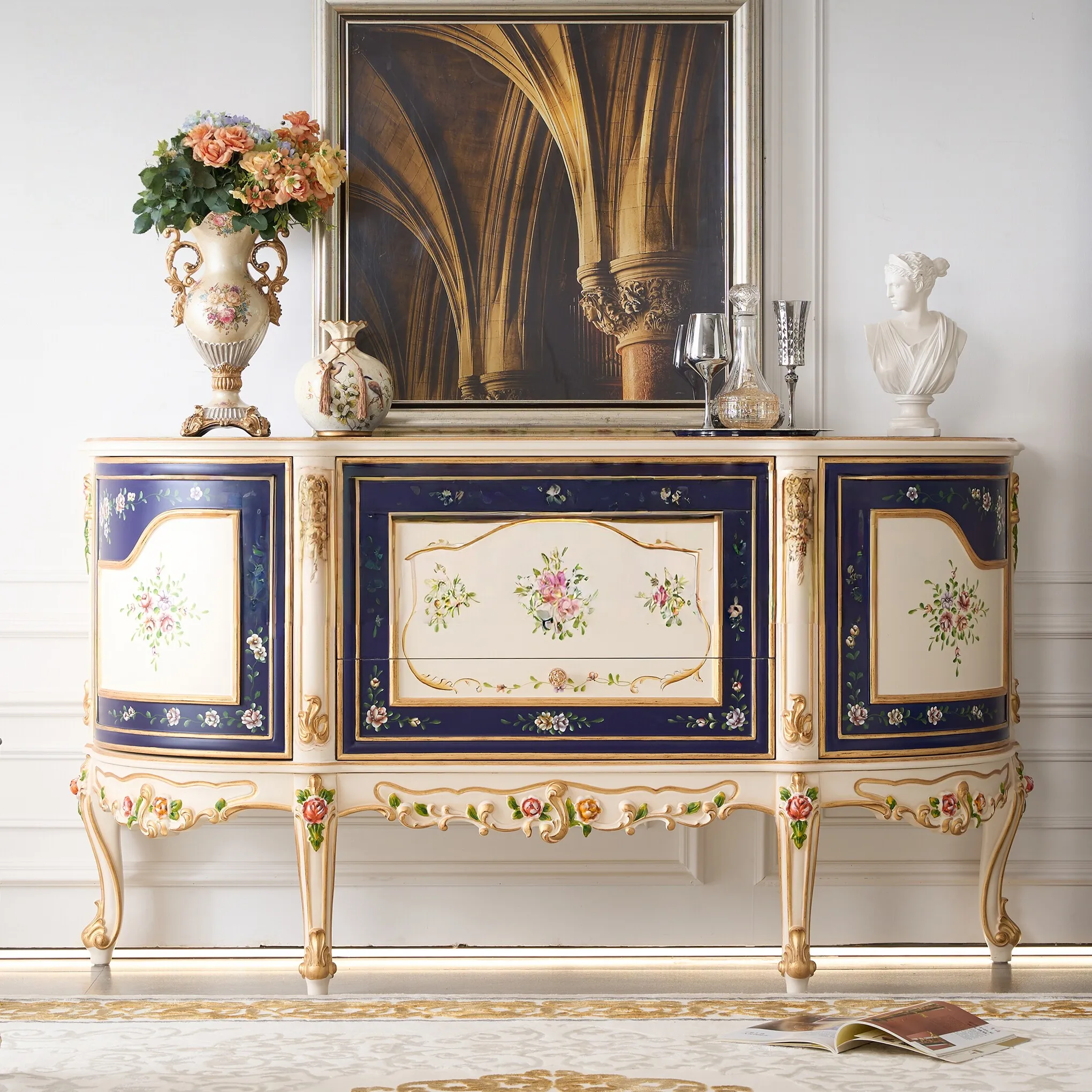 Dining side  retro solid wood porch  palace style villa luxury villa porch cabinet decorative