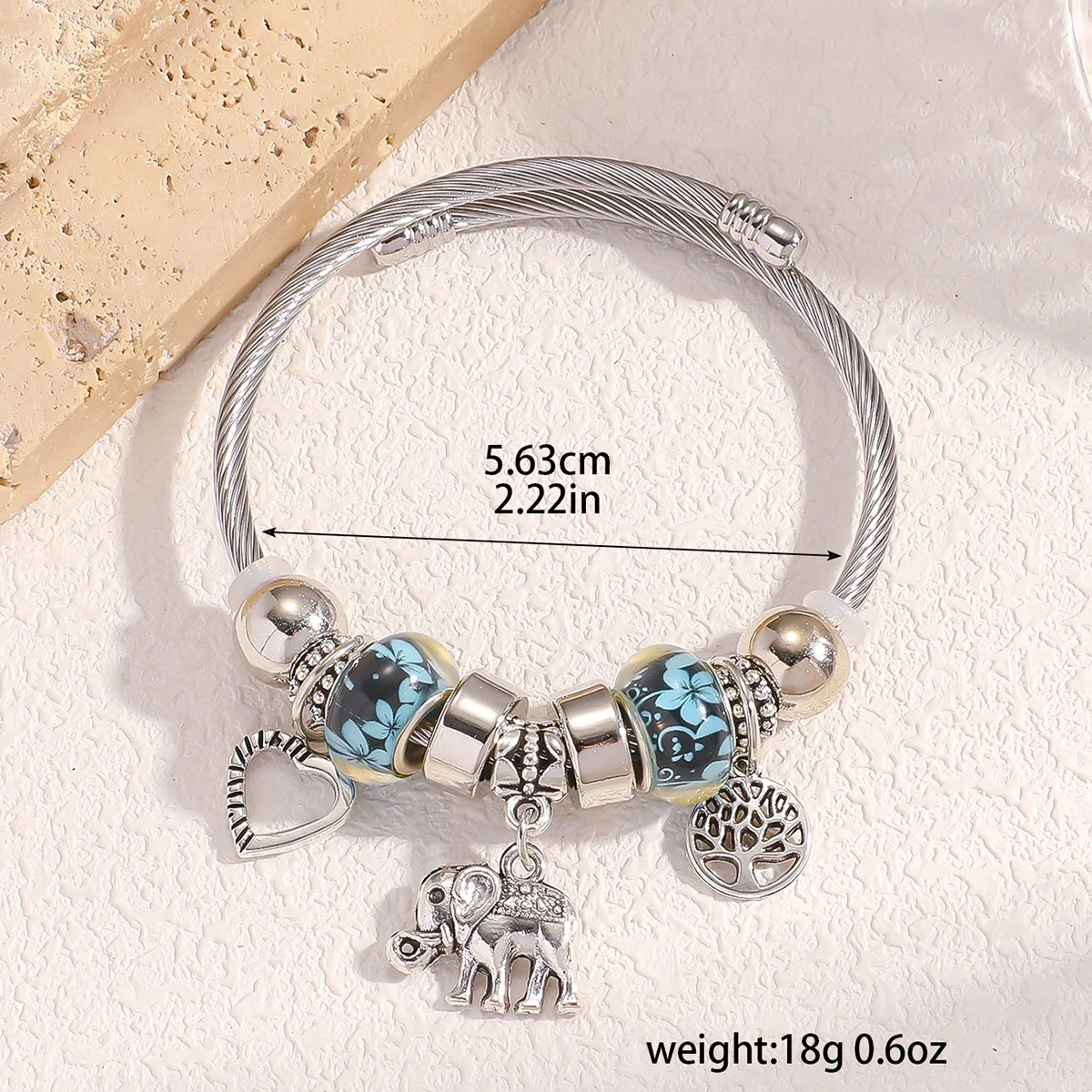 Ladies' Summer Vacation Pan Family Beaded Bracelet Blue Flower Glass Beaded Elephant Pendant Open Bracelet Gift Jewelry