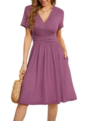 

Y2K Women's Fashion V-Neck Short Sleeve Dress Solid Color Beach V-Neck Pleated A-Sleeve Dress Pocket Summer Dress
