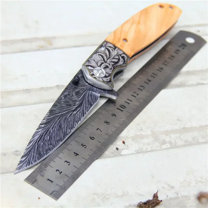 

Folding Blade Knife High Hardness Blade Wood Handle Camping Knife Outdoor Stainless Steel Knives Feather Blade Folding Knife