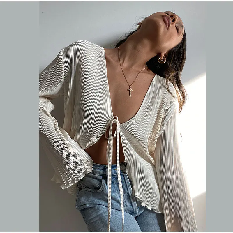 Women Elegant Tie Up Cardigan V Neck Long Flare Sleeve Pleated Shirt Summer Ladies Temperament Crop Tops Blouse Y2k Streetwear