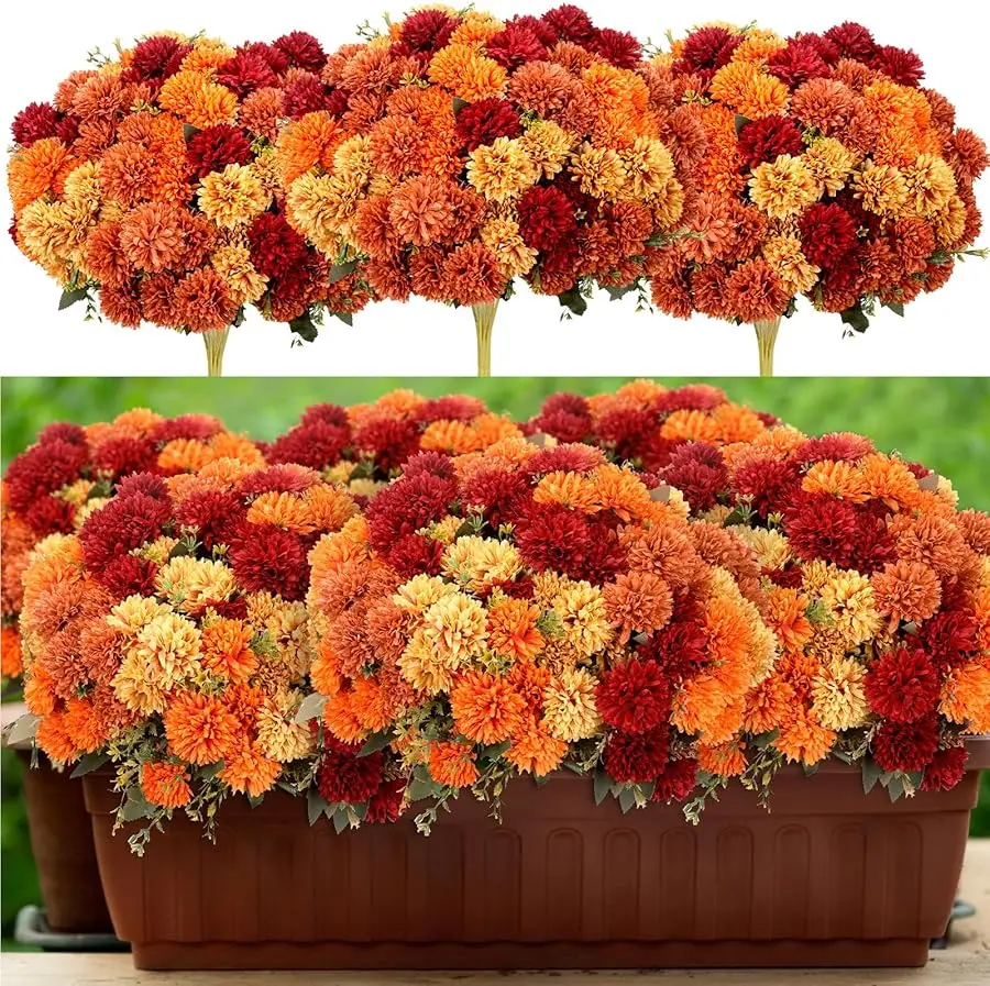 12 Pcs Artificial Fall Flowers Faux Mums Burnt Orange Flowers Assorted Fake Silk Mums Chrysanthemums Bouquet Fall Marigold for V
