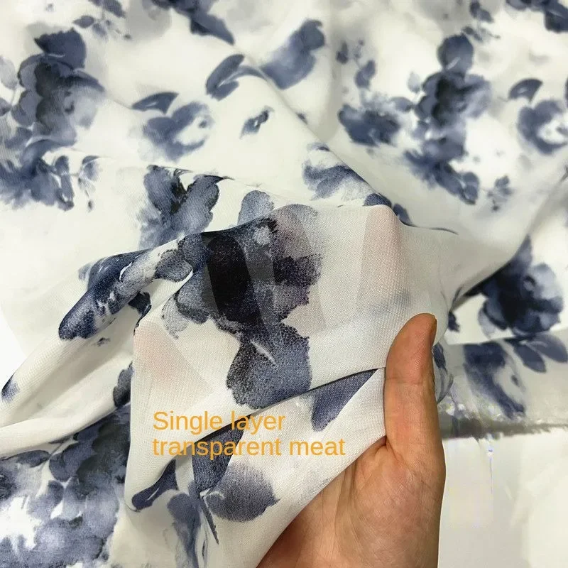 75D High Quality Printed Flowers Ethnic Style Chiffon Fabric Per Meter for Dress Hanfu Curtains Diy Sewing Cloth White Blue Red