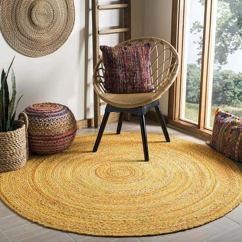 Rug 100% Natural Cotton Yellow Handmade Reversible Carpet Living Modern Area Rug