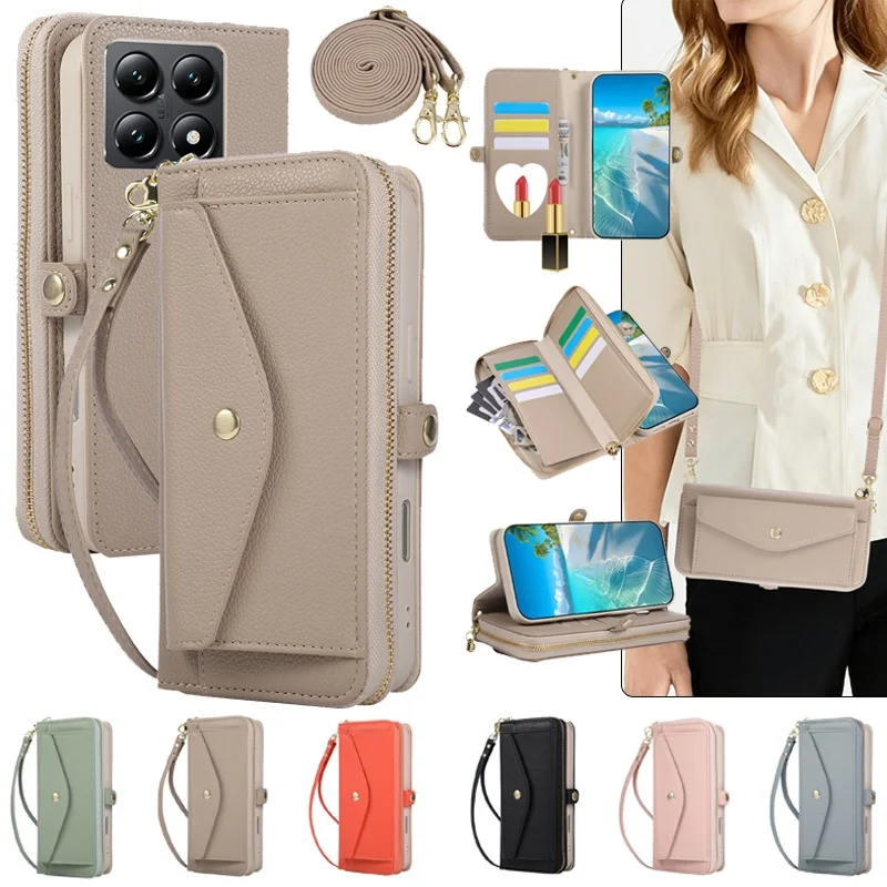 

Crossbody Leather Wallet Phone Case For XiaoMi 14T Pro 14 Ultra 13T 12T 11T POCO X5 Zipper Holder Card Slots Funda Cover Hoesje