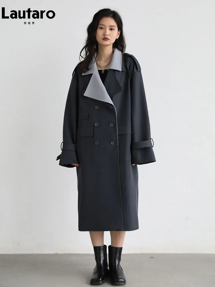 Lautaro Spring Autumn Long Patchwork Trench Coat for Women Elegant Chic Luxury Designer Fake 2 Pieces Clothes Runway Fashion view 2