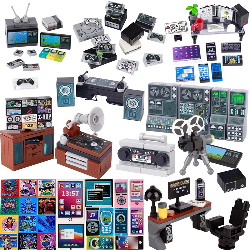 MOC City Electronic Equipments Building Blocks Game Console Computers Mini TV Mobile Phones  Recorder Laptop Jukebox Bricks Toys