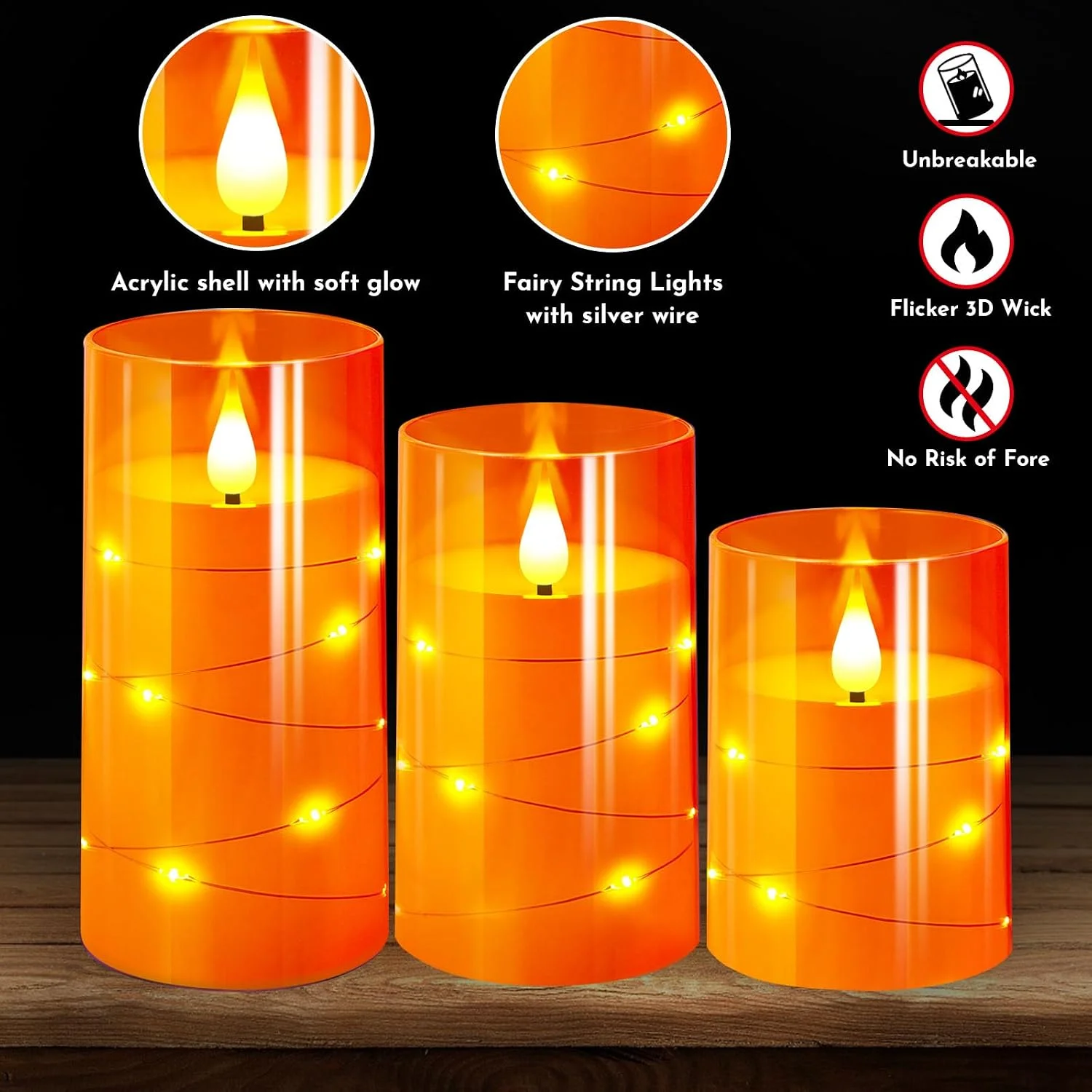 3PCS Orange Flameless LED Candles 3D Wick Star String Lights Battery Operated Remote Timer for Halloween Thanksgiving Fall Decor