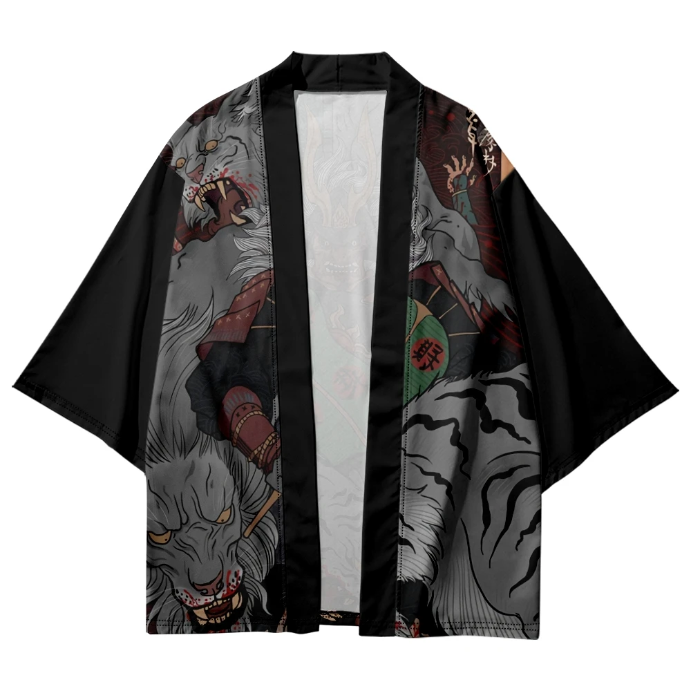 Cárdigan con estampado de Demonio Negro japonés para hombre, Haori Yukata, Kimono Samurai, Harajuku, ropa de calle, chaqueta Obi