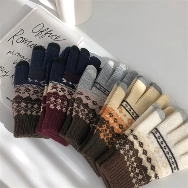 

Зимние перчатки с сенсорным экраном для женщин и мужчин, модные теплые эластичные вязаные перчатки с полными пальцами