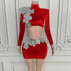 Sparkly Rhinestones Long Sleeve Crop Top Short Skirt for Women Sexy Celebrate Evening Prom Birthday Dress Photo Shoot Wear