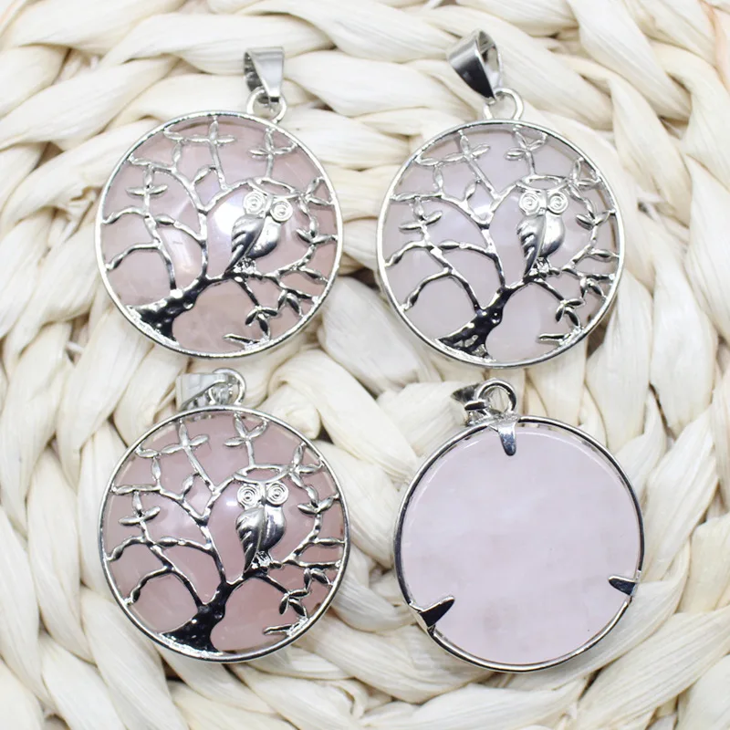 1-piece alloy Tree of Life Owl Cutout alloy set with round natural stone pendant