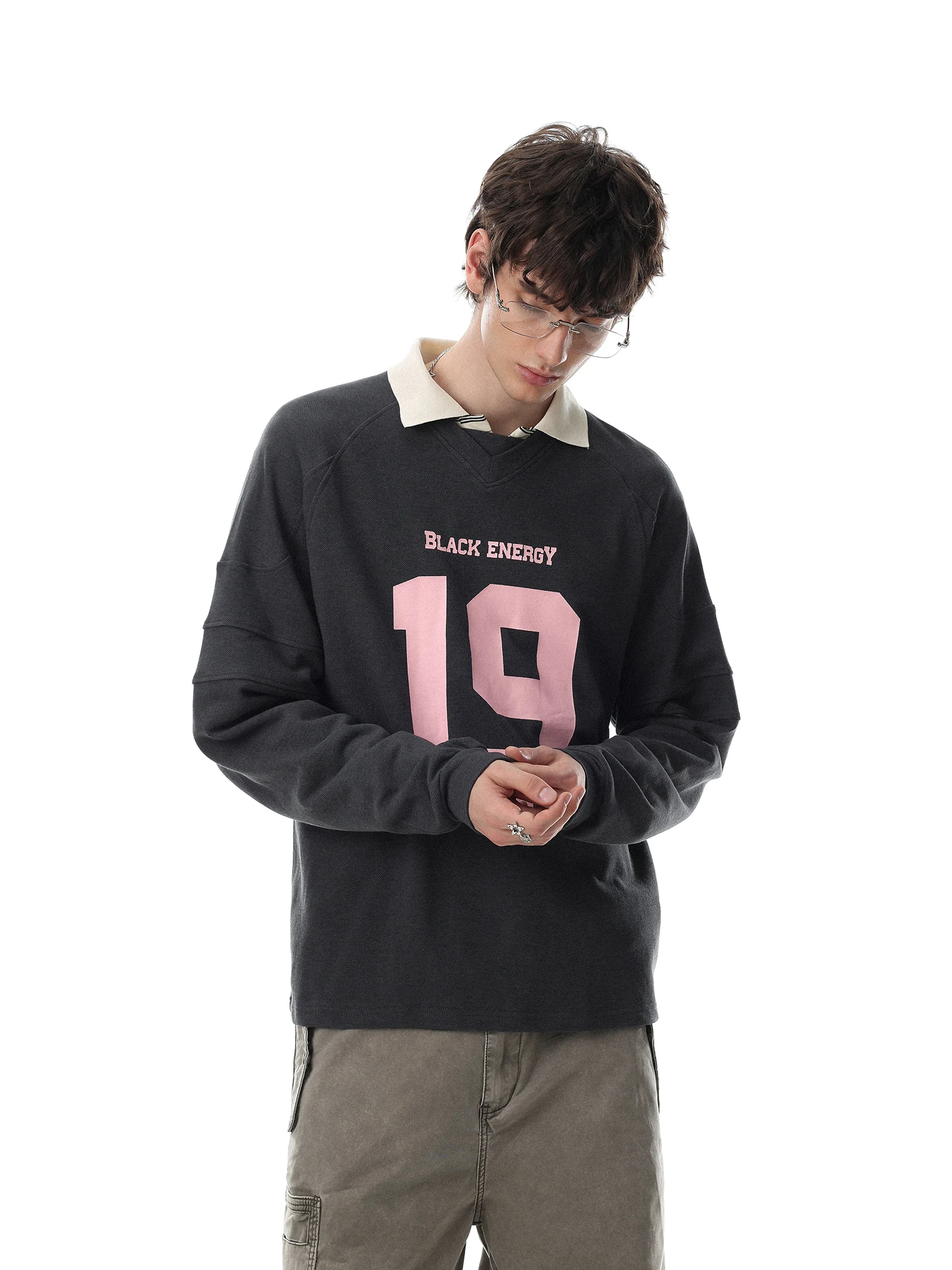 Loose Men's Long Sleeve T-shirt V-neck American Retro Digital Print Casual Comfortable Breathable Cotton Top Trendy Design