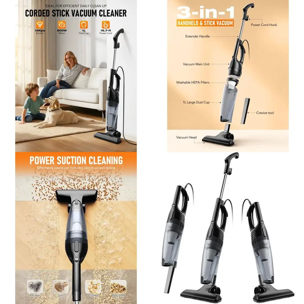 

Проводной вертикальный пылесос с силой всасывания 15000 Па, мощностью 600 Вт для шерсти животных, твердых полов и ковров - 3 фунта, контейнер для пыли 1 л, шнур 16,7 футов