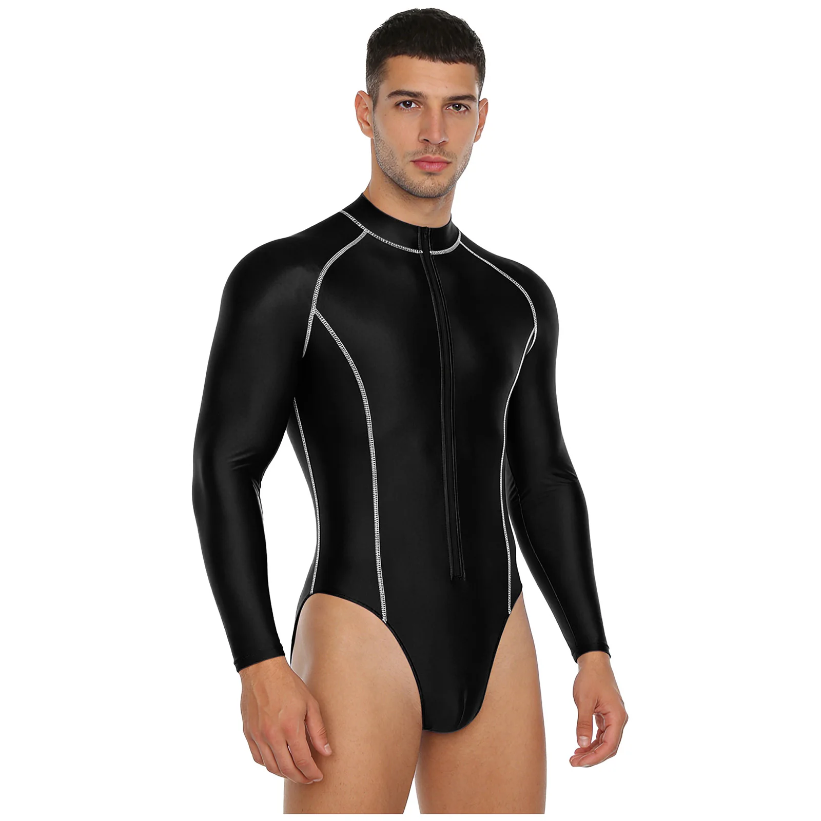 Maillot de bain une pièce brillant pour hommes, protection contre les éruptions cutanées, manches lo