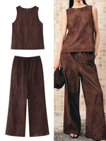 TRAFZA Women Solid Embroidery Pant Sets O Neck Sleeveless Vest Tops Loose Casual Drawstring Wide Leg Trousers Office Lady Outfit