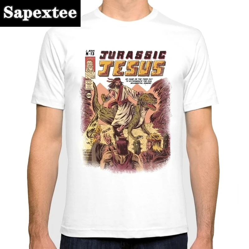 Novelty Creative JURASSIC JESUS ride Dinosaur funny t shirt men 2025 summer new white casual homme cool tshirt