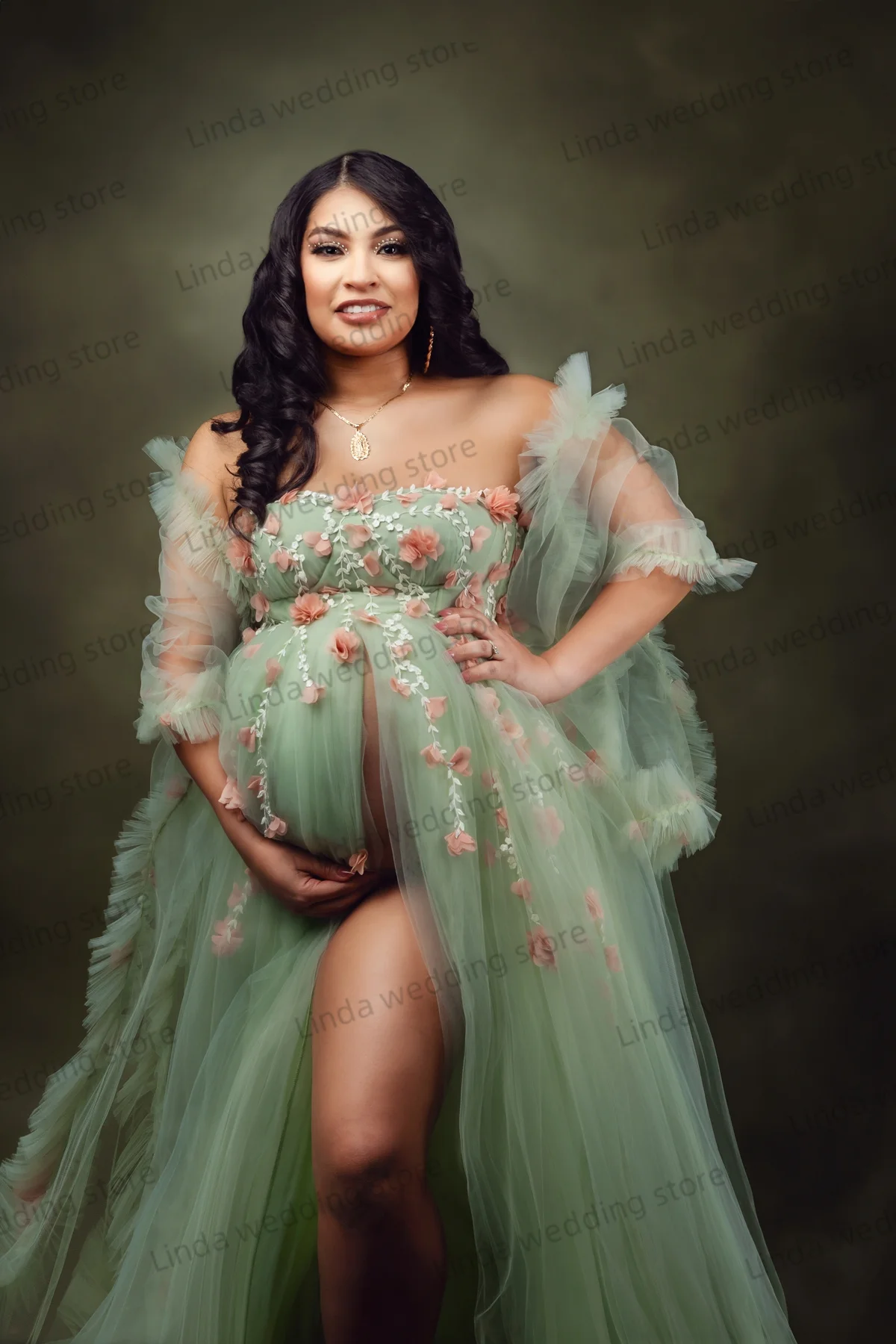 Pretty Green Maternity Dresses Off The Shoulder Prom Party Dresses 3D Flowers Appliques Pregnant Woman Gowns for Photoshoot image 3