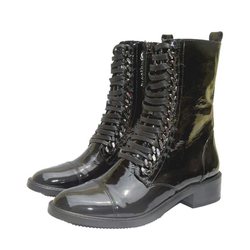 

Ботильоны из кожи питона в британском стиле с металлическими цепочками на шнуровке, женские уличные ботинки из коровьей кожи на среднем каблуке с боковой молнией