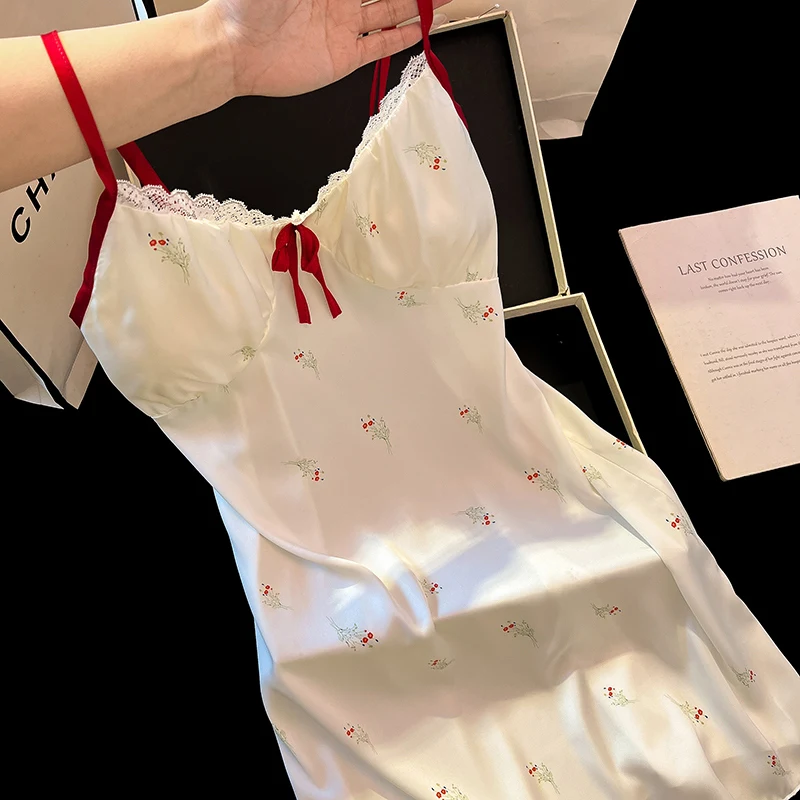 

Sexy Sleepwear Women's Ice Ribbon Breast Pad Printed Pure Silk Thin Style Suspender Lace Nightgown Dress Elegant Tank Mini
