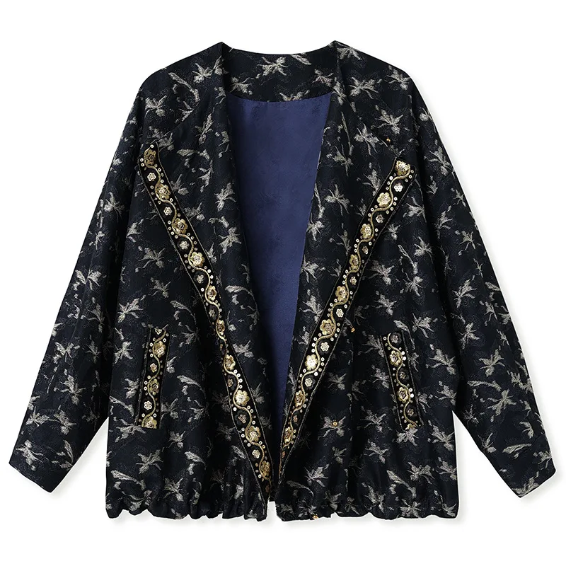 Retro Style Spring Autumn Gold Woven Jacquard Sequined Cardigan Jacket Gold-trimmed Chinese Style Baseball Uniform （2colors）