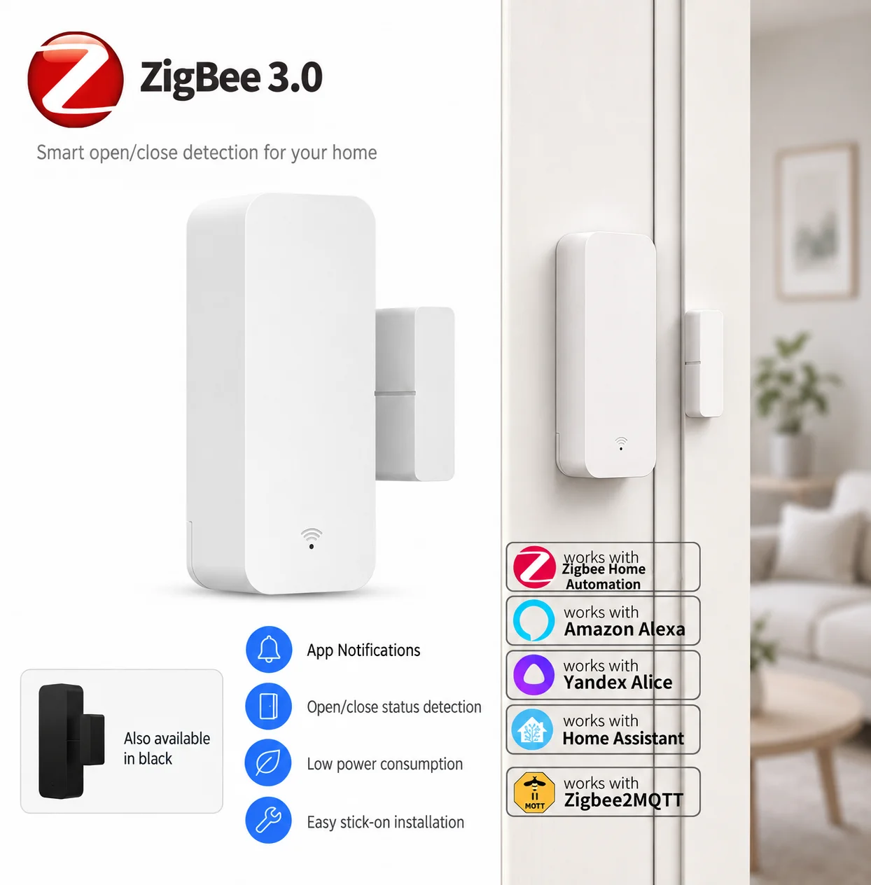 Zigbee 3.0 Door Window Contact Sensor, Zigbee 3.0 Gateway Required, Works with Zigbee2MQTT, ZHA, Yandex, Alexa